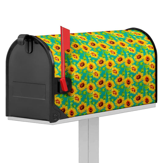 Teal Watercolor Sunflower Pattern Print Mailbox Cover