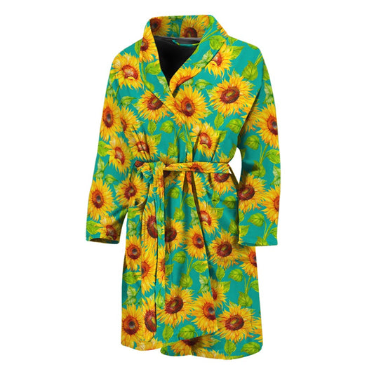 Teal Watercolor Sunflower Pattern Print Men's Bathrobe