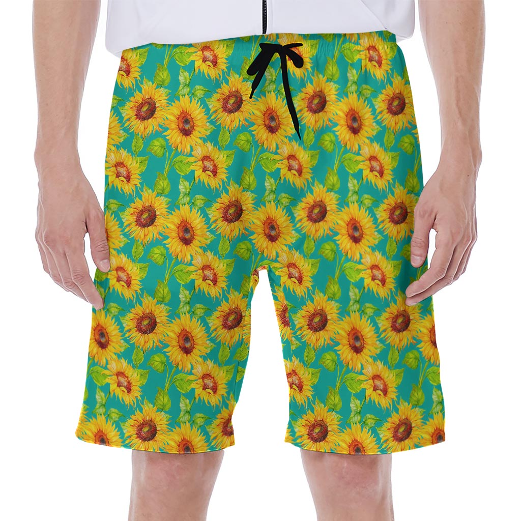 Teal Watercolor Sunflower Pattern Print Men's Beach Shorts