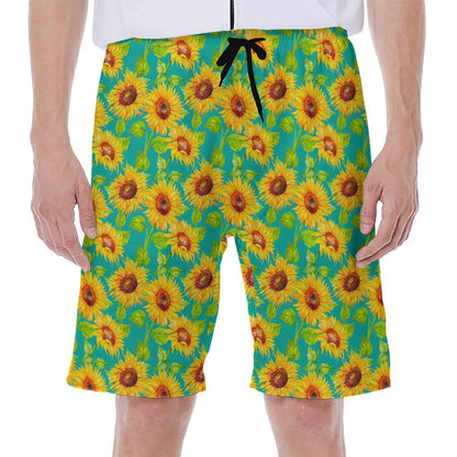 Teal Watercolor Sunflower Pattern Print Men's Beach Shorts