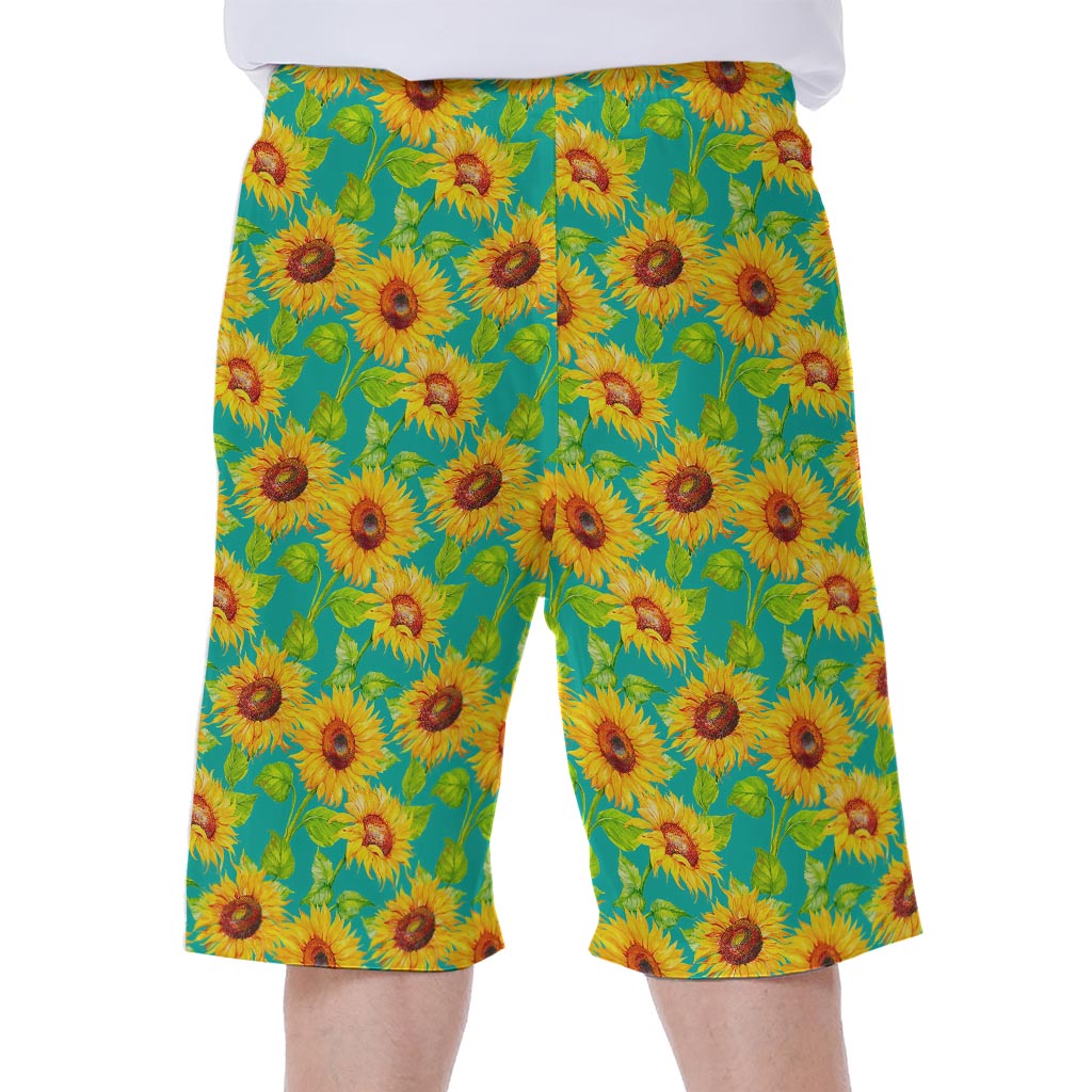 Teal Watercolor Sunflower Pattern Print Men's Beach Shorts