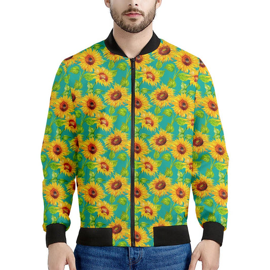 Teal Watercolor Sunflower Pattern Print Men's Bomber Jacket