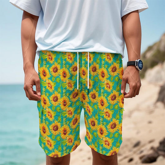 Teal Watercolor Sunflower Pattern Print Men's Cargo Shorts