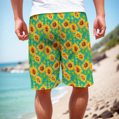Teal Watercolor Sunflower Pattern Print Men's Cargo Shorts