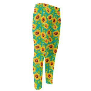 Teal Watercolor Sunflower Pattern Print Men's Compression Pants