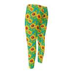 Teal Watercolor Sunflower Pattern Print Men's Compression Pants