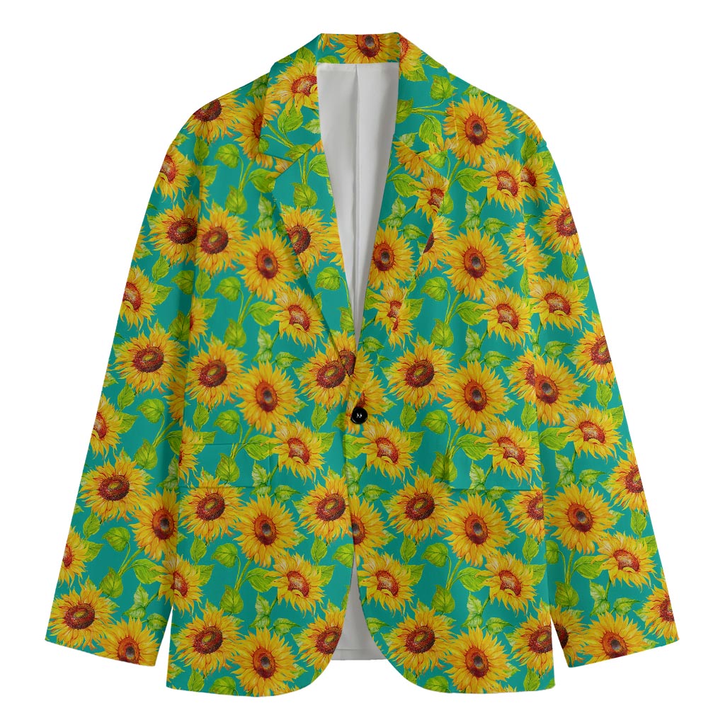 Teal Watercolor Sunflower Pattern Print Men's Cotton Blazer