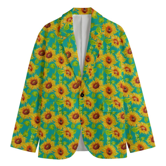 Teal Watercolor Sunflower Pattern Print Men's Cotton Blazer