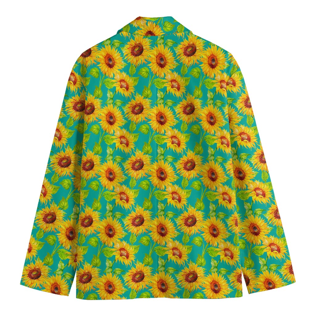 Teal Watercolor Sunflower Pattern Print Men's Cotton Blazer