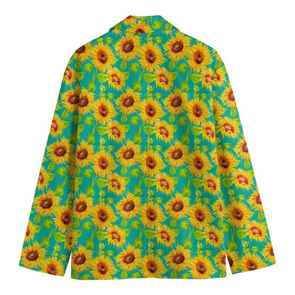 Teal Watercolor Sunflower Pattern Print Men's Cotton Blazer