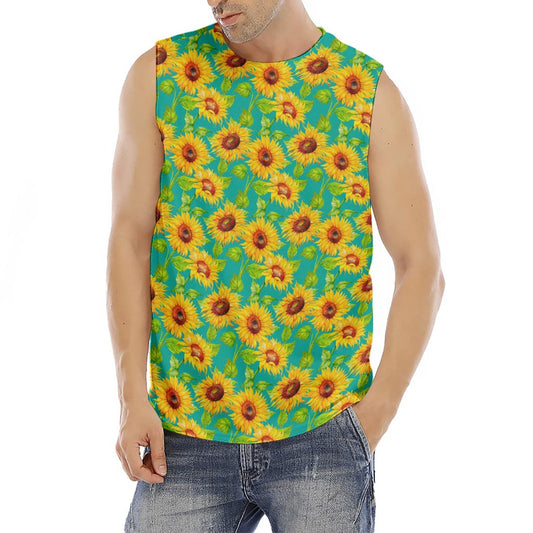 Teal Watercolor Sunflower Pattern Print Men's Fitness Tank Top
