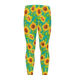 Teal Watercolor Sunflower Pattern Print Men's leggings