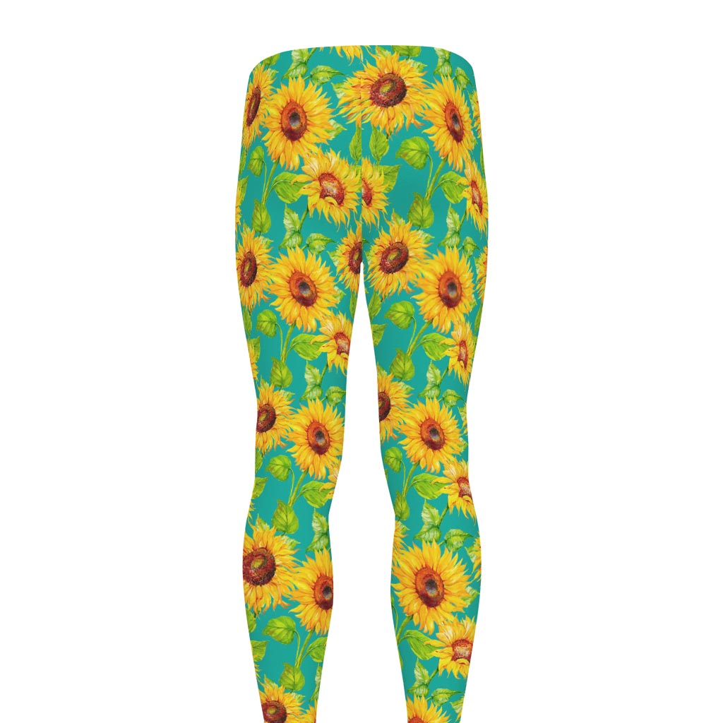 Teal Watercolor Sunflower Pattern Print Men's leggings