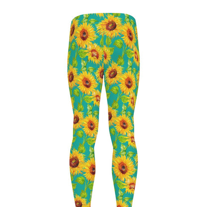 Teal Watercolor Sunflower Pattern Print Men's leggings