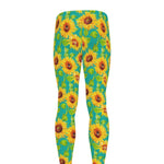 Teal Watercolor Sunflower Pattern Print Men's leggings