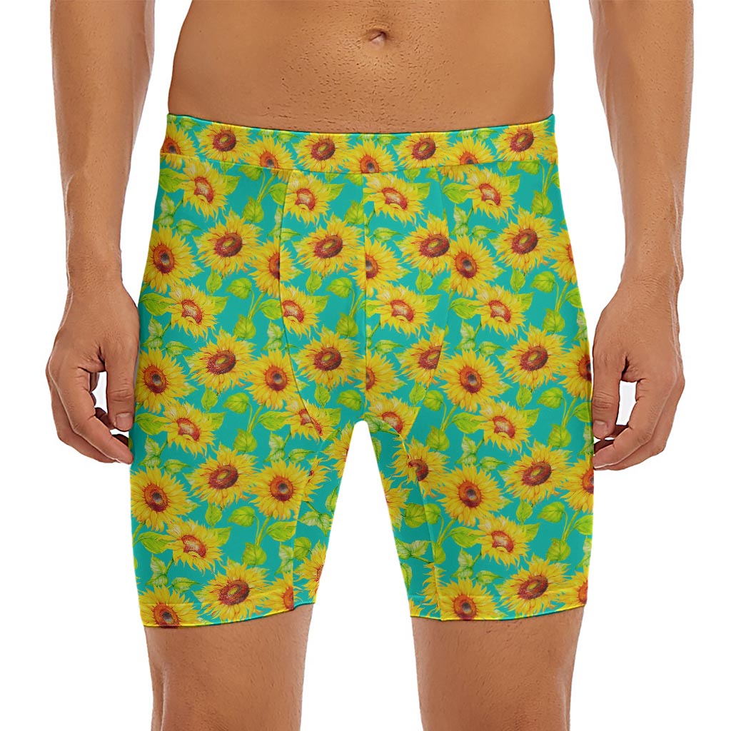 Teal Watercolor Sunflower Pattern Print Men's Long Boxer Briefs