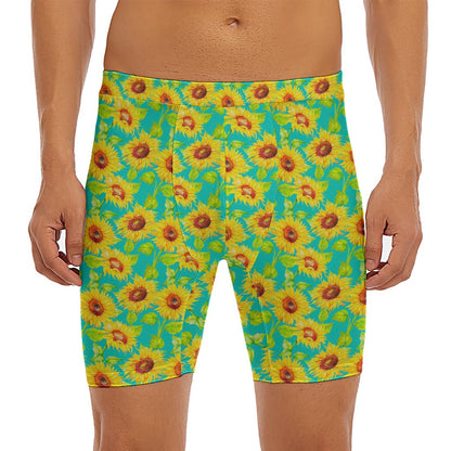 Teal Watercolor Sunflower Pattern Print Men's Long Boxer Briefs