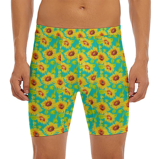 Teal Watercolor Sunflower Pattern Print Men's Long Boxer Briefs
