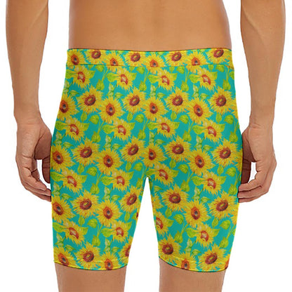 Teal Watercolor Sunflower Pattern Print Men's Long Boxer Briefs