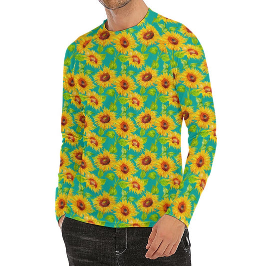 Teal Watercolor Sunflower Pattern Print Men's Long Sleeve Rash Guard