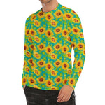 Teal Watercolor Sunflower Pattern Print Men's Long Sleeve Rash Guard