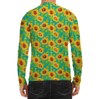 Teal Watercolor Sunflower Pattern Print Men's Long Sleeve Rash Guard