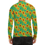 Teal Watercolor Sunflower Pattern Print Men's Long Sleeve Rash Guard
