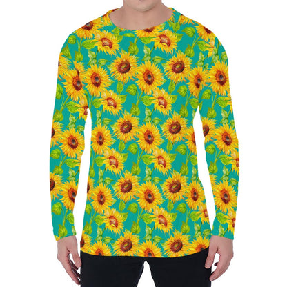 Teal Watercolor Sunflower Pattern Print Men's Long Sleeve T-Shirt