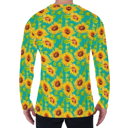 Teal Watercolor Sunflower Pattern Print Men's Long Sleeve T-Shirt