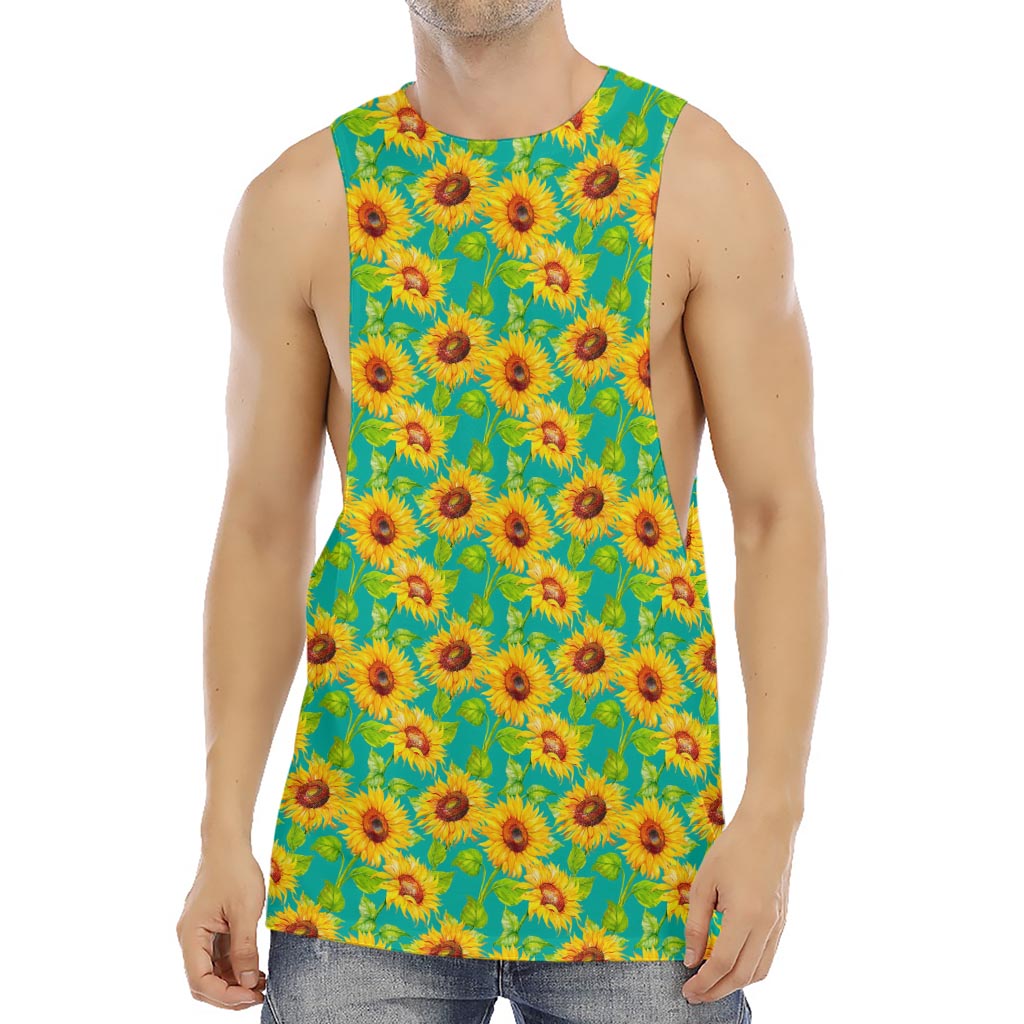 Teal Watercolor Sunflower Pattern Print Men's Muscle Tank Top