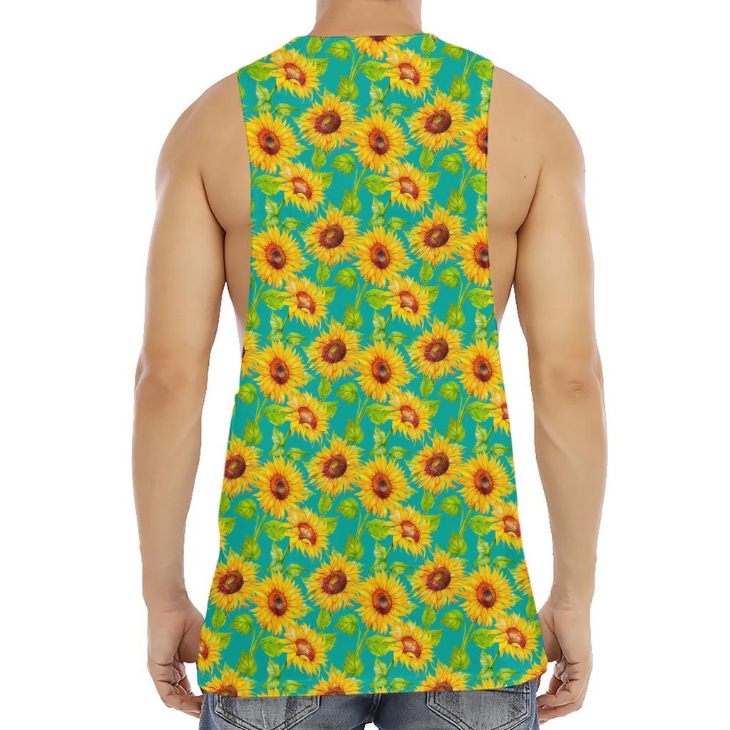 Teal Watercolor Sunflower Pattern Print Men's Muscle Tank Top