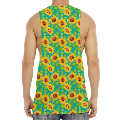 Teal Watercolor Sunflower Pattern Print Men's Muscle Tank Top