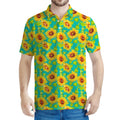 Teal Watercolor Sunflower Pattern Print Men's Polo Shirt