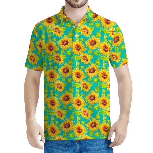 Teal Watercolor Sunflower Pattern Print Men's Polo Shirt