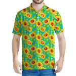 Teal Watercolor Sunflower Pattern Print Men's Polo Shirt