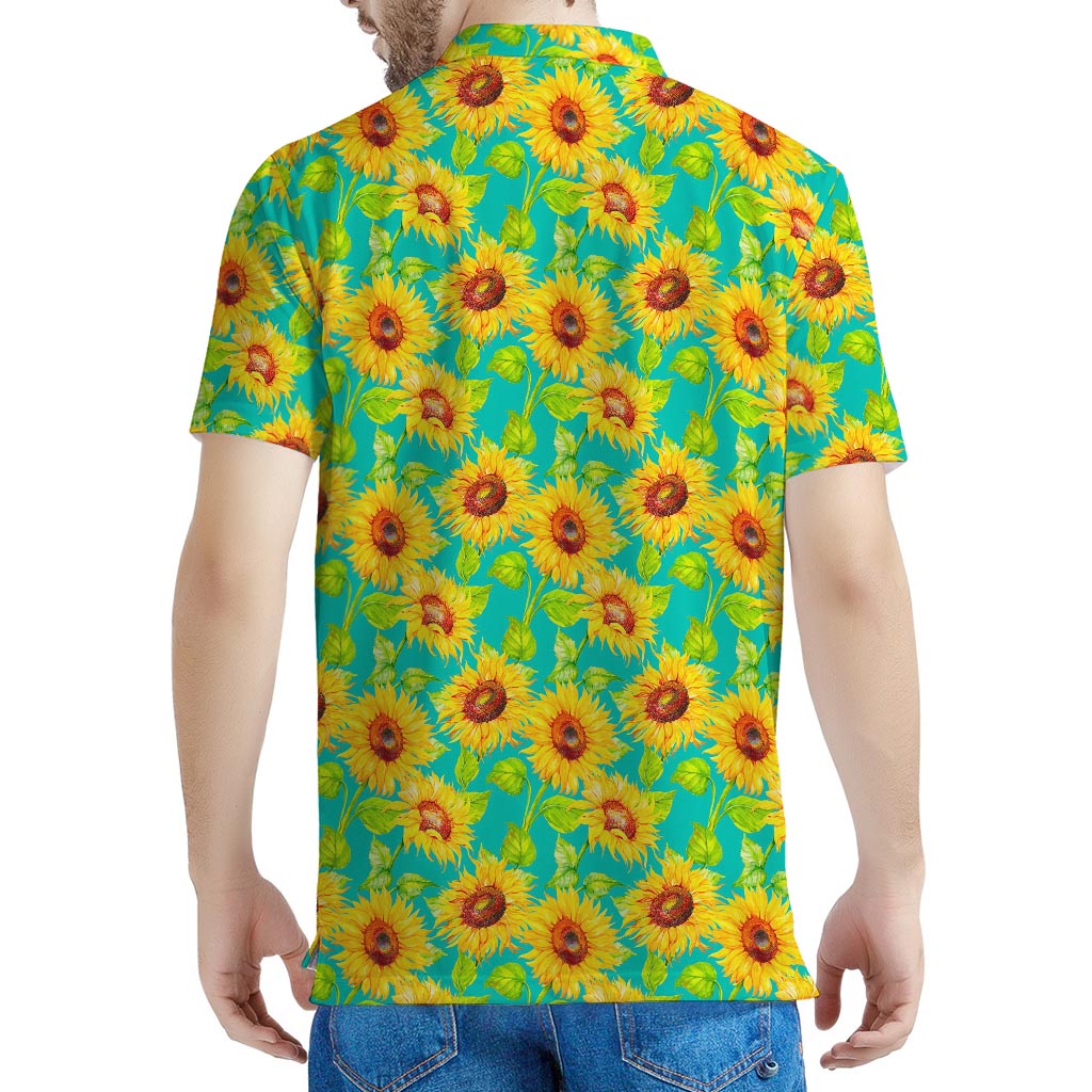 Teal Watercolor Sunflower Pattern Print Men's Polo Shirt