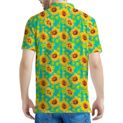 Teal Watercolor Sunflower Pattern Print Men's Polo Shirt