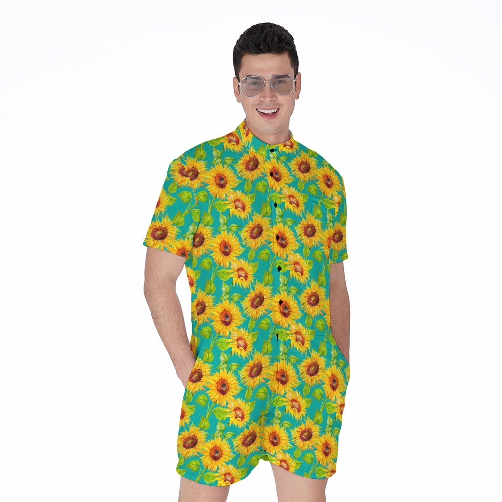 Teal Watercolor Sunflower Pattern Print Men's Rompers