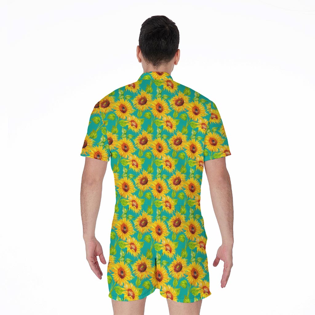 Teal Watercolor Sunflower Pattern Print Men's Rompers