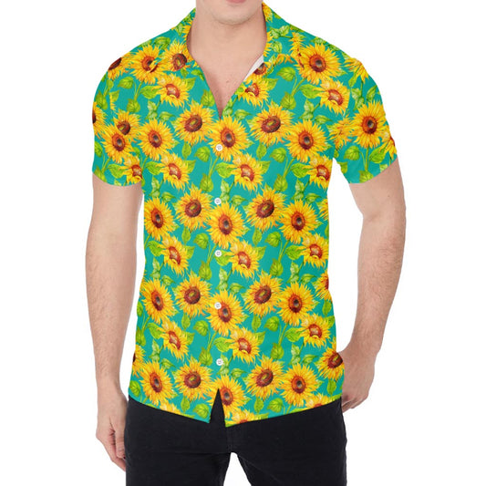 Teal Watercolor Sunflower Pattern Print Men's Shirt