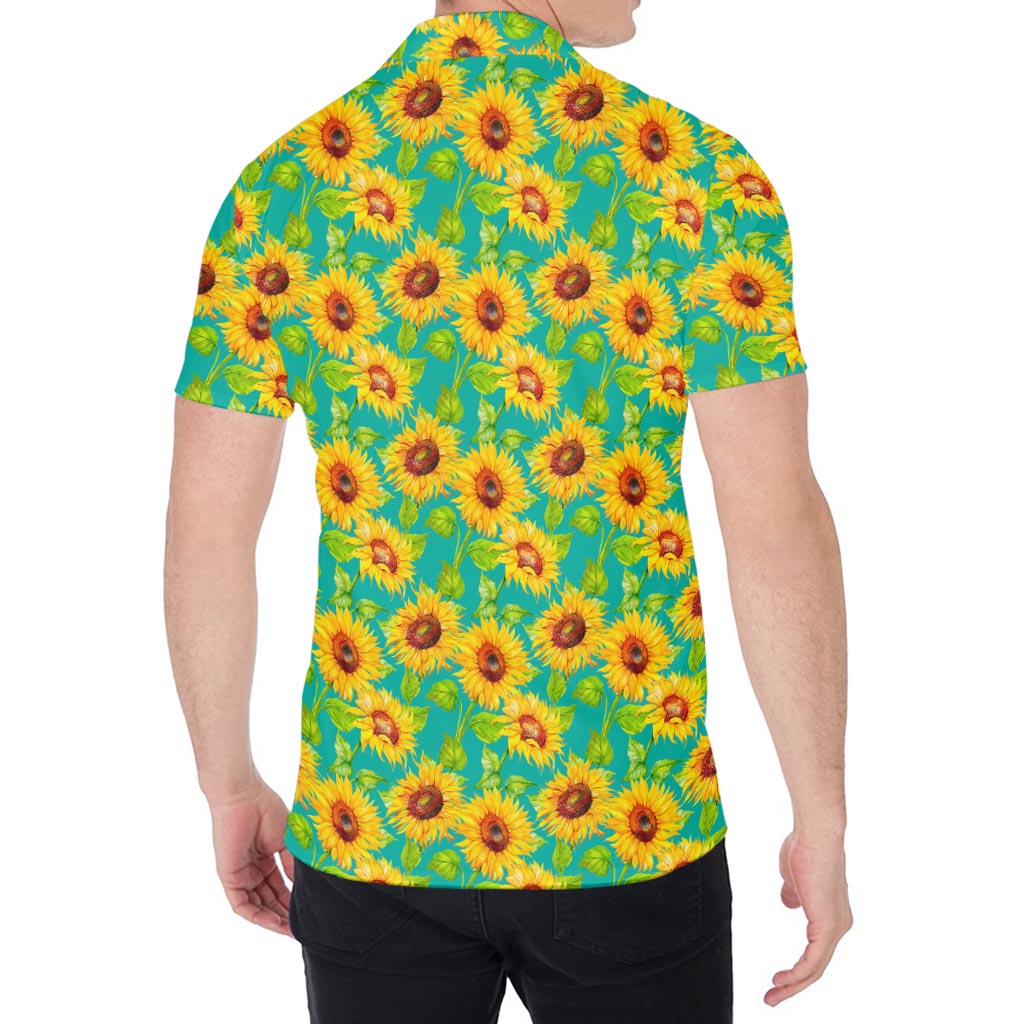 Teal Watercolor Sunflower Pattern Print Men's Shirt