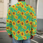 Teal Watercolor Sunflower Pattern Print Men's Shirt Jacket