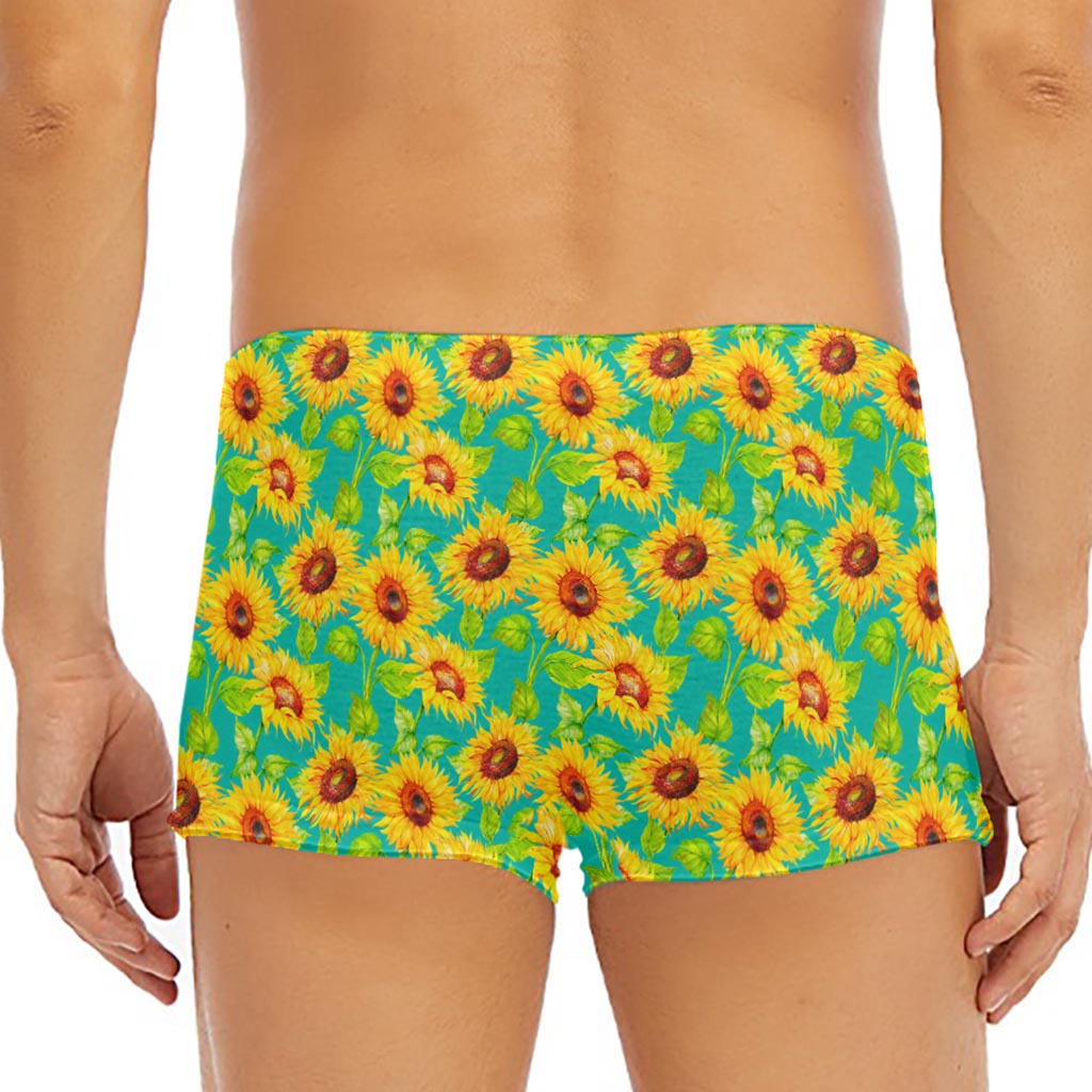 Teal Watercolor Sunflower Pattern Print Men's Short Boxer Briefs