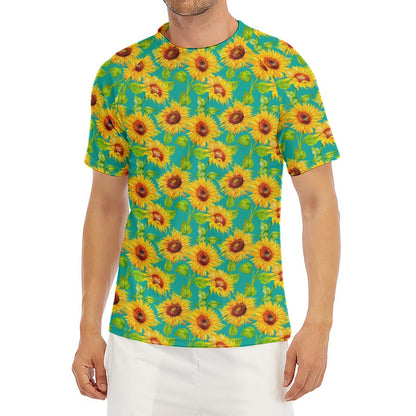 Teal Watercolor Sunflower Pattern Print Men's Short Sleeve Rash Guard