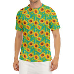 Teal Watercolor Sunflower Pattern Print Men's Short Sleeve Rash Guard