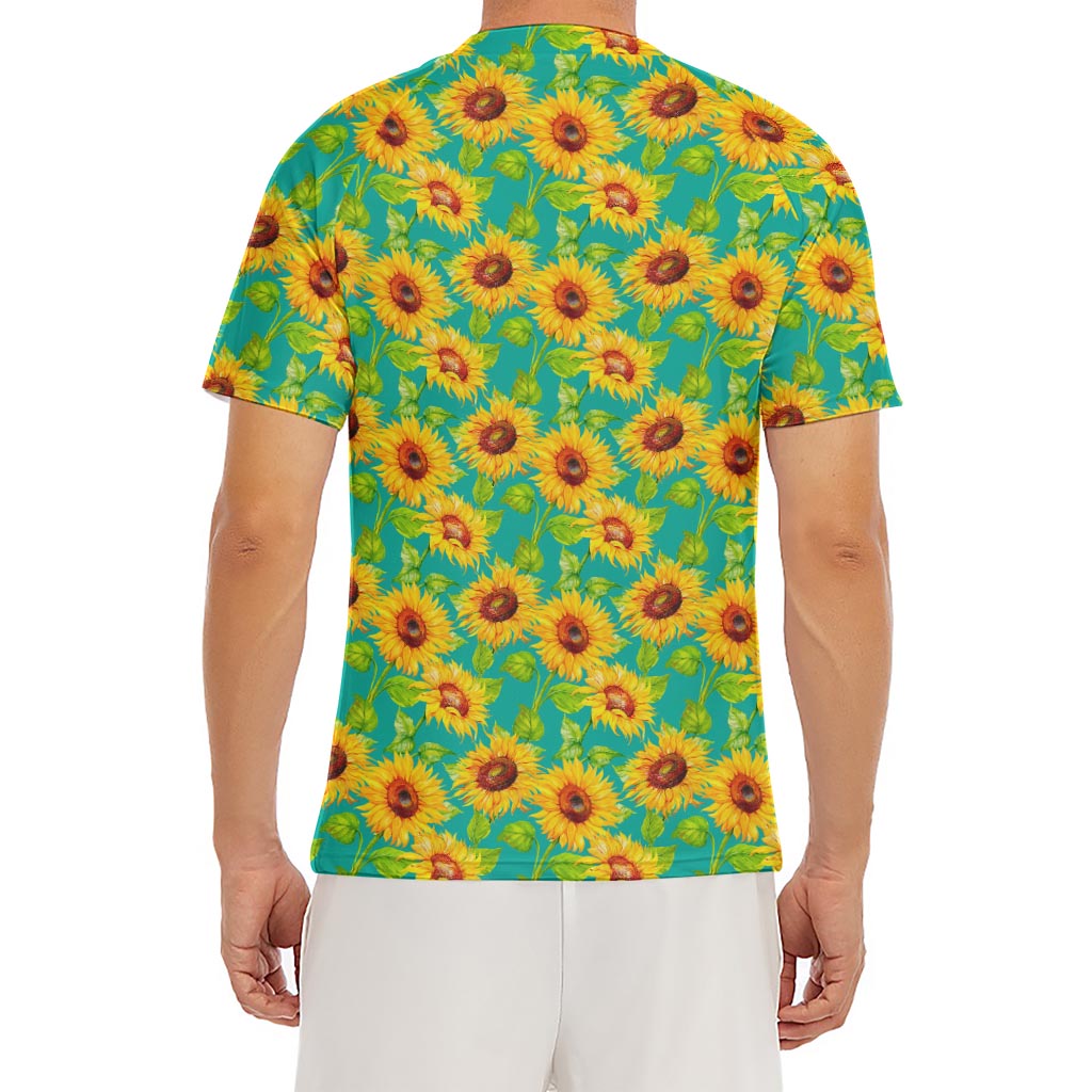 Teal Watercolor Sunflower Pattern Print Men's Short Sleeve Rash Guard
