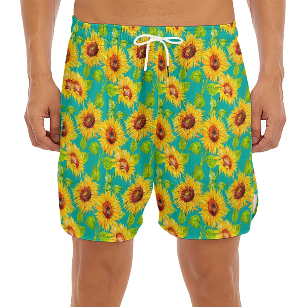 Teal Watercolor Sunflower Pattern Print Men's Split Running Shorts