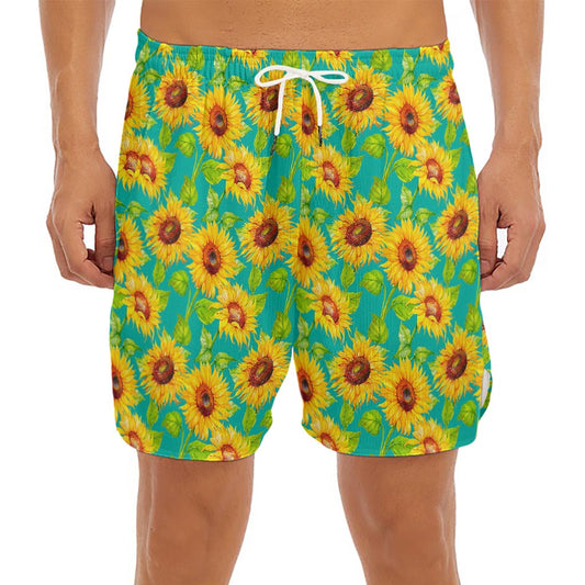 Teal Watercolor Sunflower Pattern Print Men's Split Running Shorts