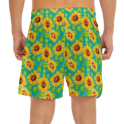 Teal Watercolor Sunflower Pattern Print Men's Split Running Shorts