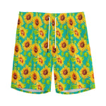 Teal Watercolor Sunflower Pattern Print Men's Sports Shorts